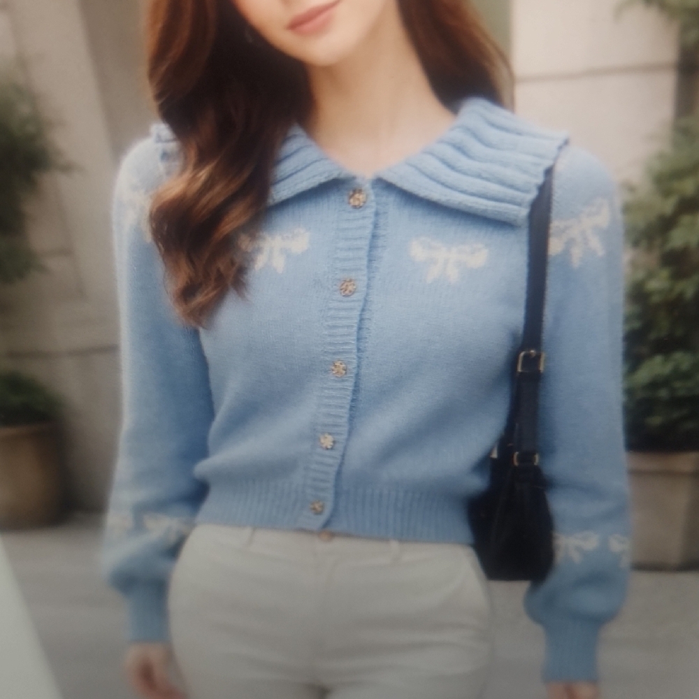 Sincerely Jules Blue Cardigan & Hair Bow Set Size L - Picture 1 of 5